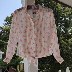 Candies White & Pink Ribbon Bow Pattern Tie Waist Sheer Lace Trim Blouse